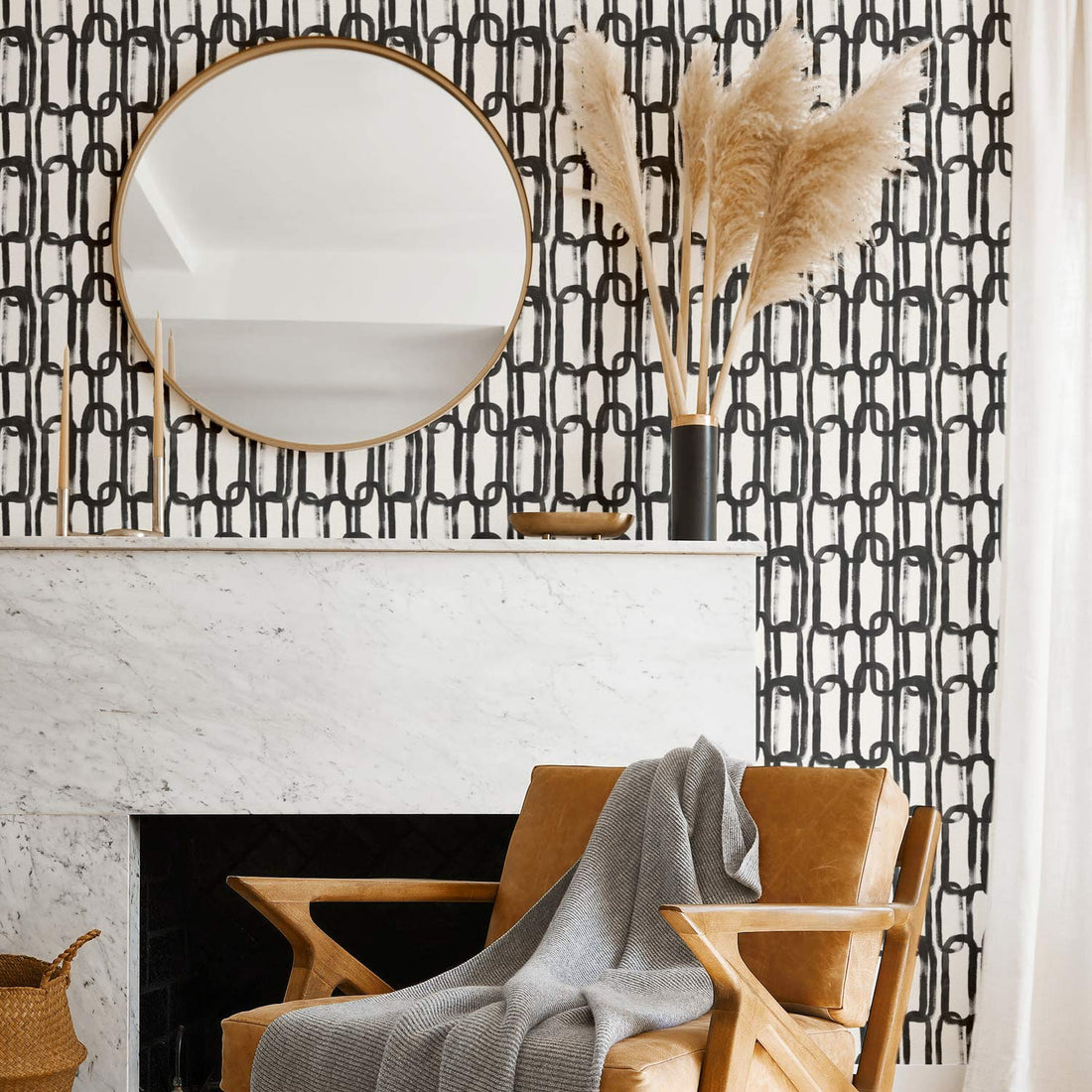 Hand sketched brush design removable wallpaper in modern interior