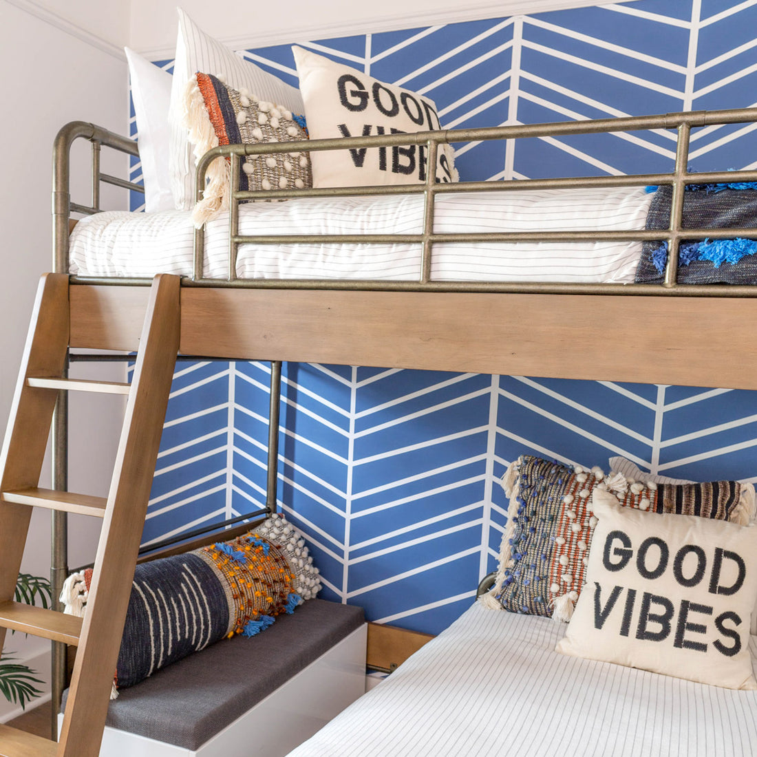 large herringbone inspired removable wallpaper in bright blue