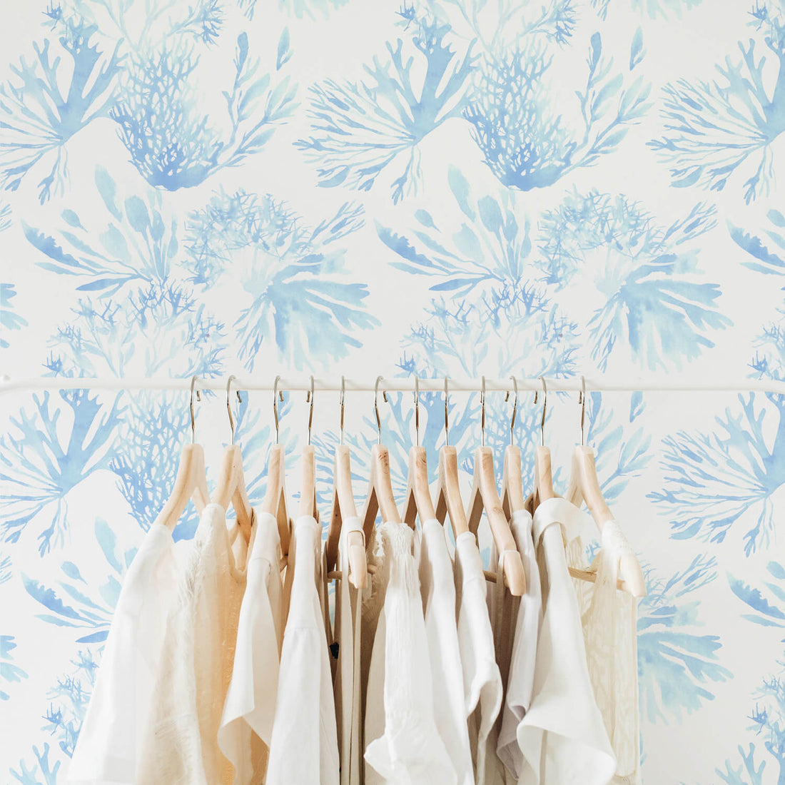 light blue soft coral print wallpaper for baby nursery interior