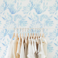 light blue soft coral print wallpaper for baby nursery interior