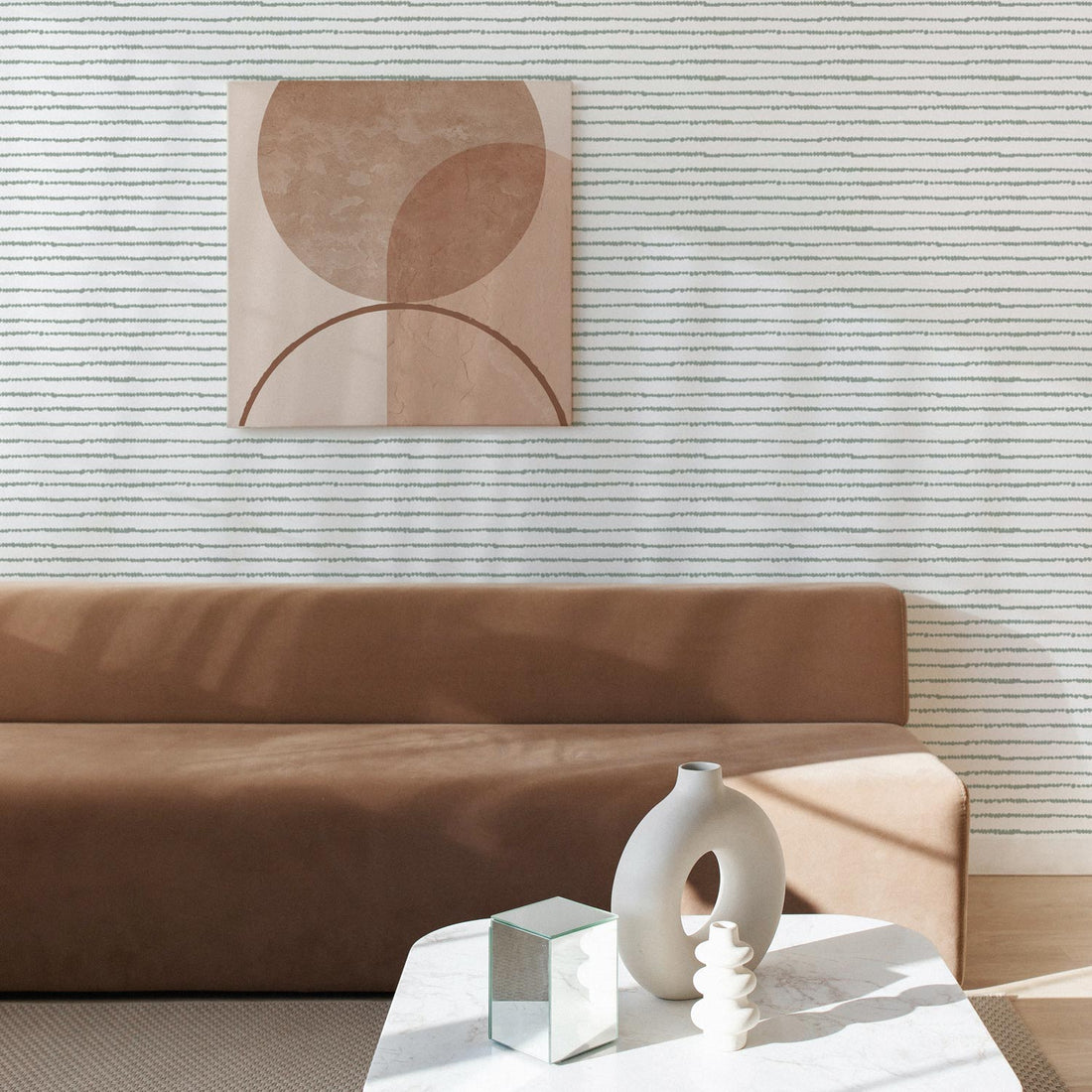 minimal boho coastal style living room interior with removable wallpaper accent wall