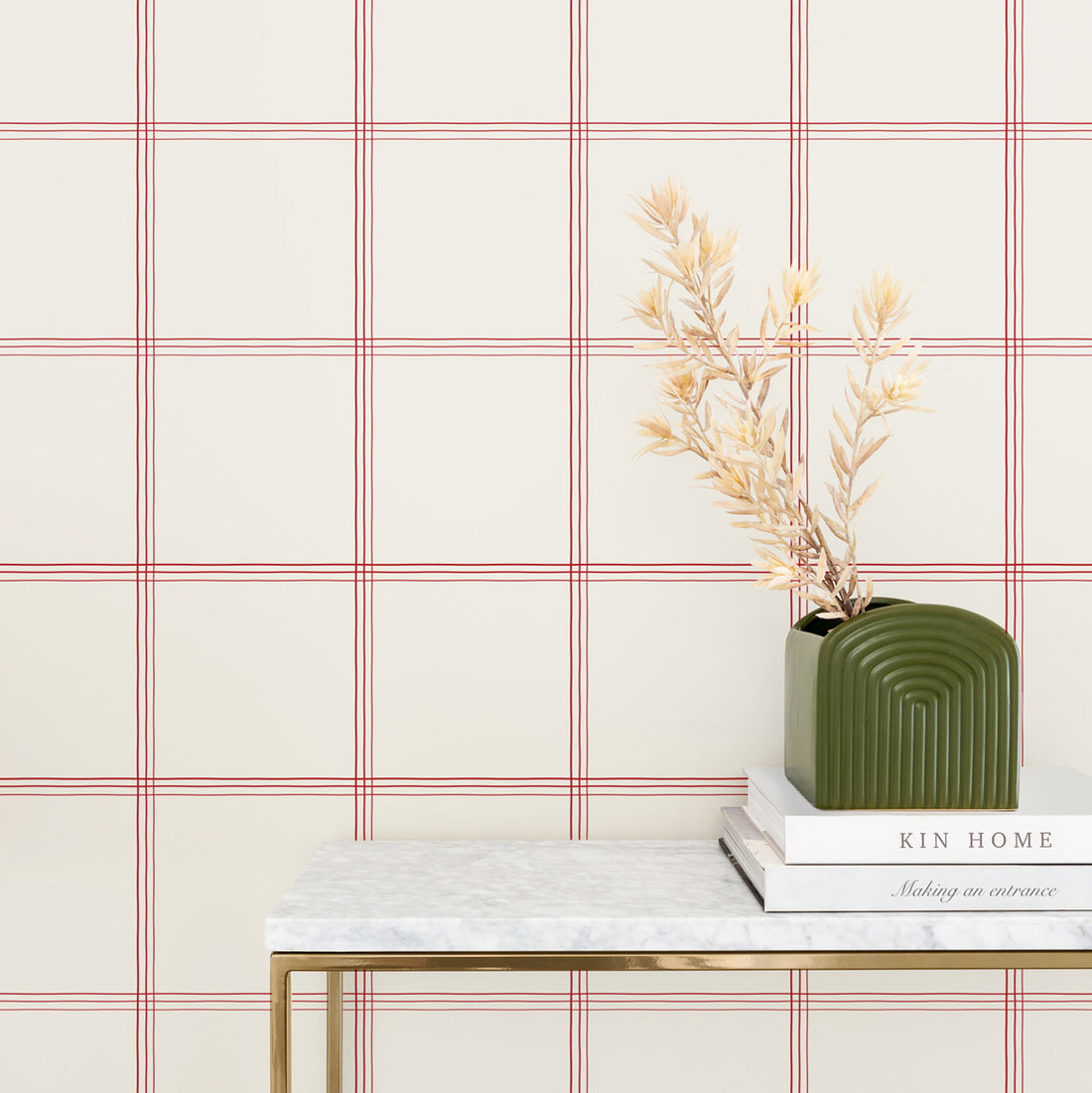 minimal plaid design removable wallpaper in modern foyer interior