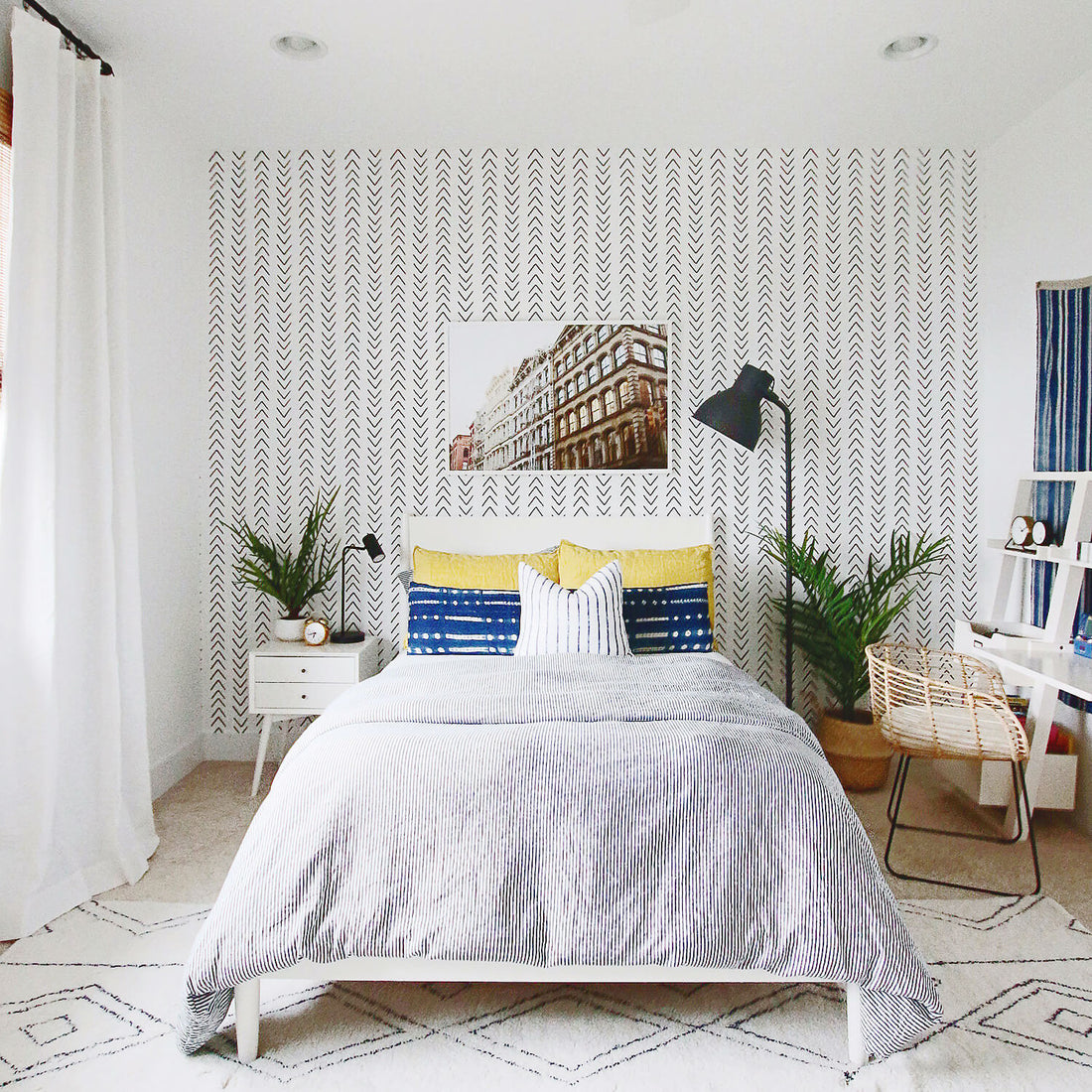 white bedroom interior for boys with abstract chevron pattern wallpaper