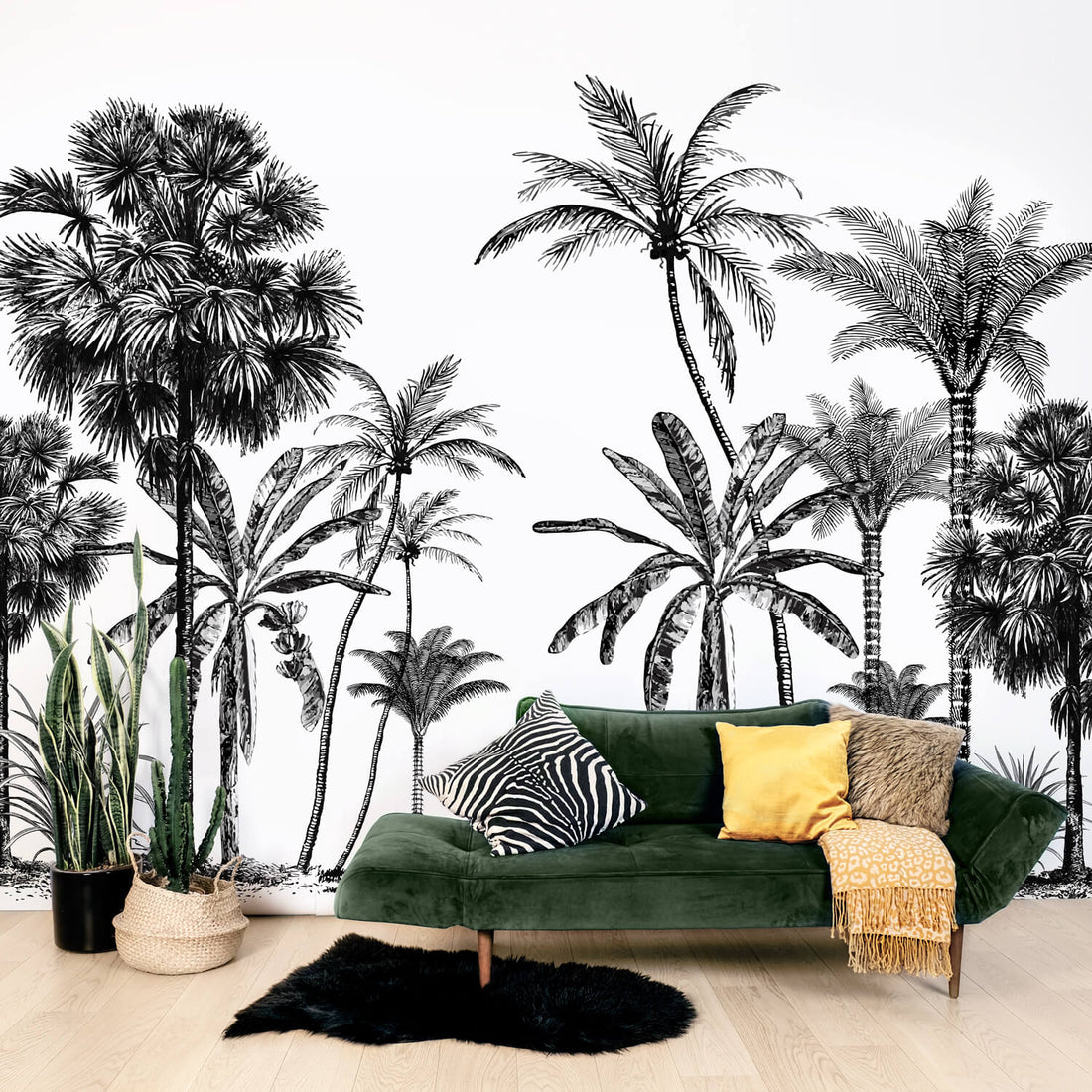 Modern jungle wall mural in  tropical boho living room interior