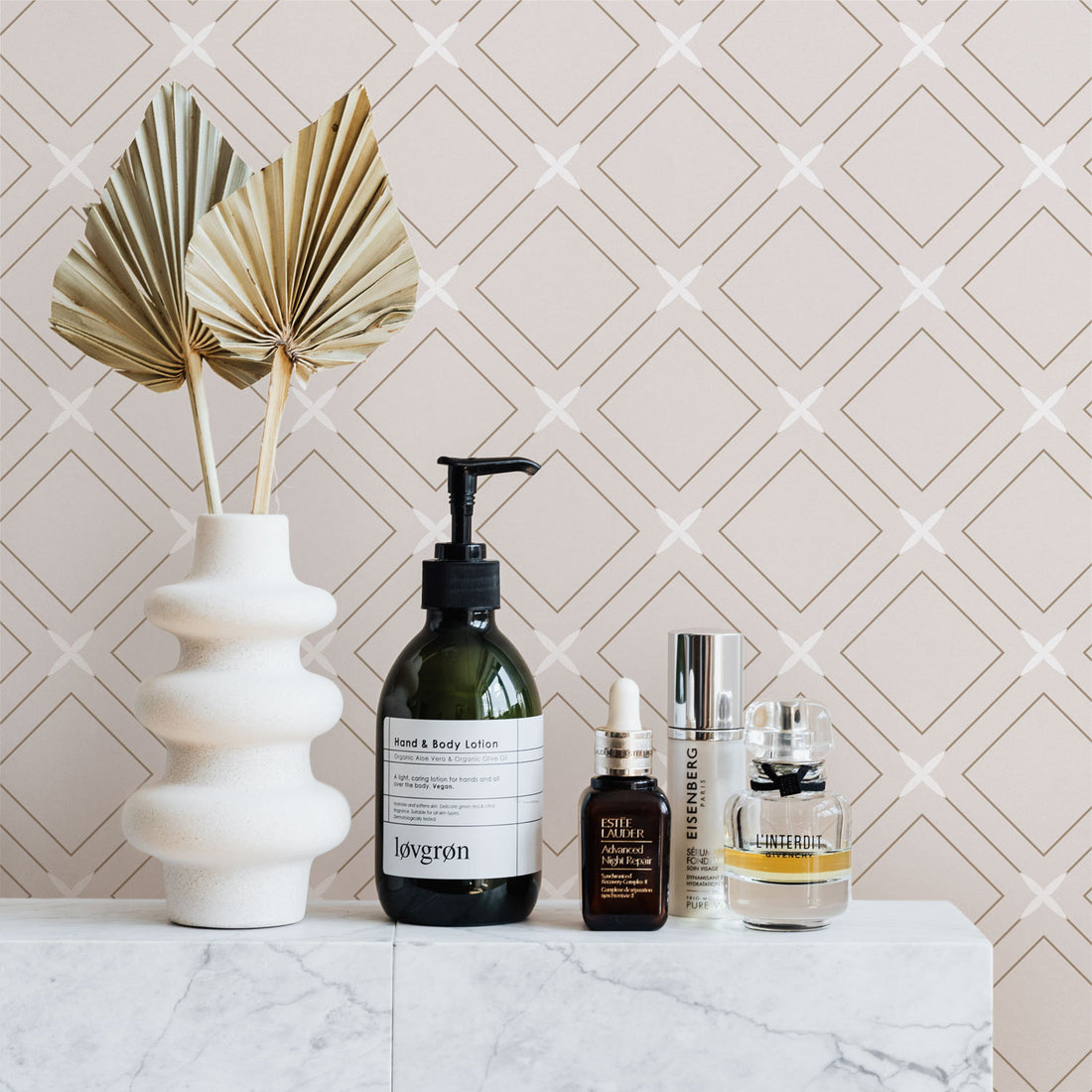 Neutral color geometric tile design removable wallpaper in powder room intrior