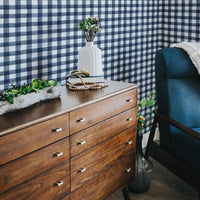 Classic farmhouse style coastal interior with blue plaid design removable wallpaper