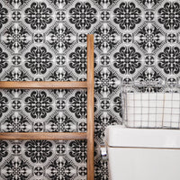 modern farmhouse bathroom with black moroccan tile wallpaper