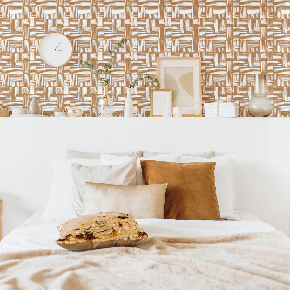 modern bohemian style bedroom interior with plaid pattern wallpaper