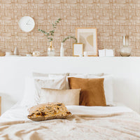 modern bohemian style bedroom interior with plaid pattern wallpaper
