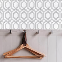 classic farmhouse entryway interior with connected lines wallpaper design
