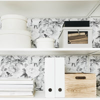modern farmhouse home office interior with floral grey removable wallpaper