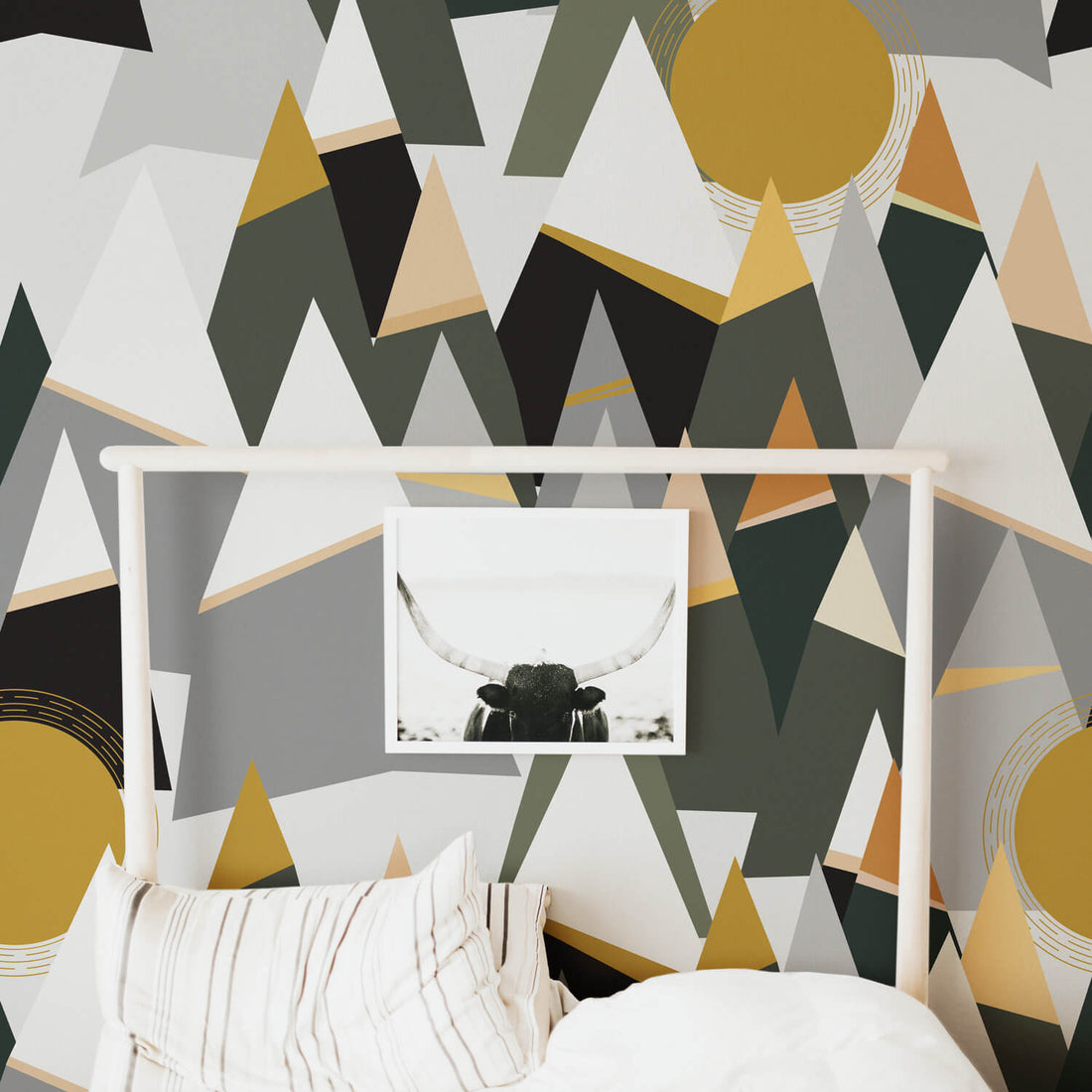 Mountains removable wallpaper with moss green trees and grey mountain ledges and golden sun in white boho texas bedroom interior