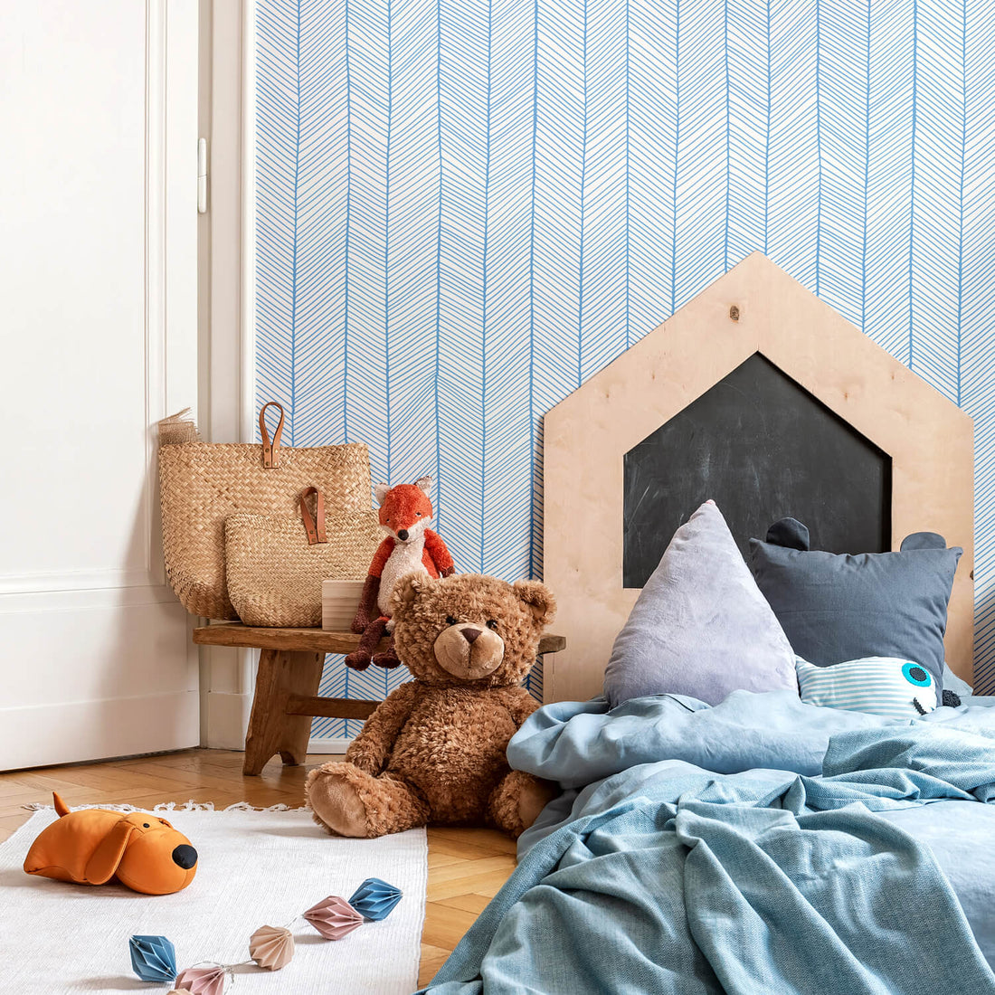 modern nautical kids room with blue small chevron pattern wallpaper