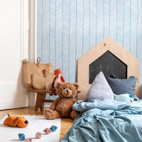 modern nautical kids room with blue small chevron pattern wallpaper