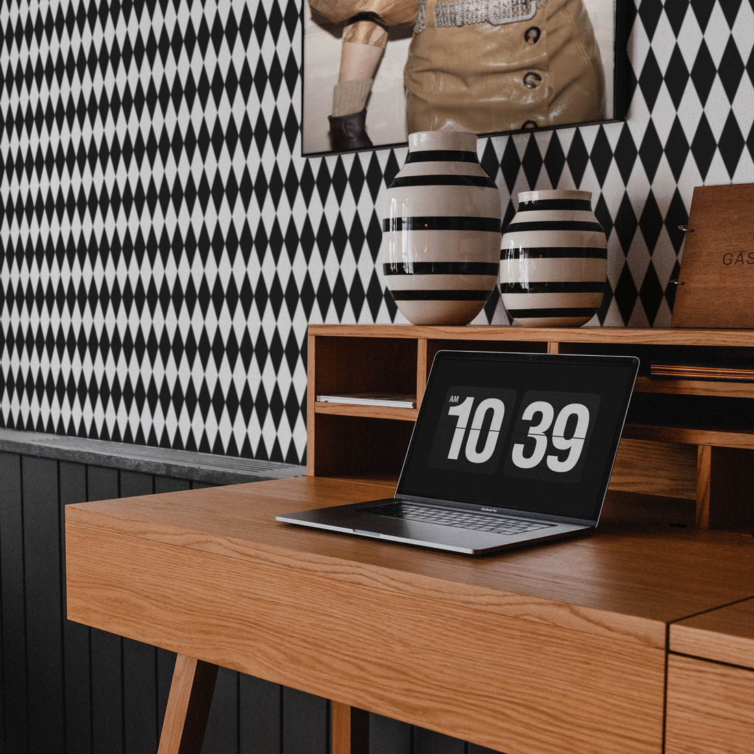 modern home office interior with black diamond shape pattern wallpaper