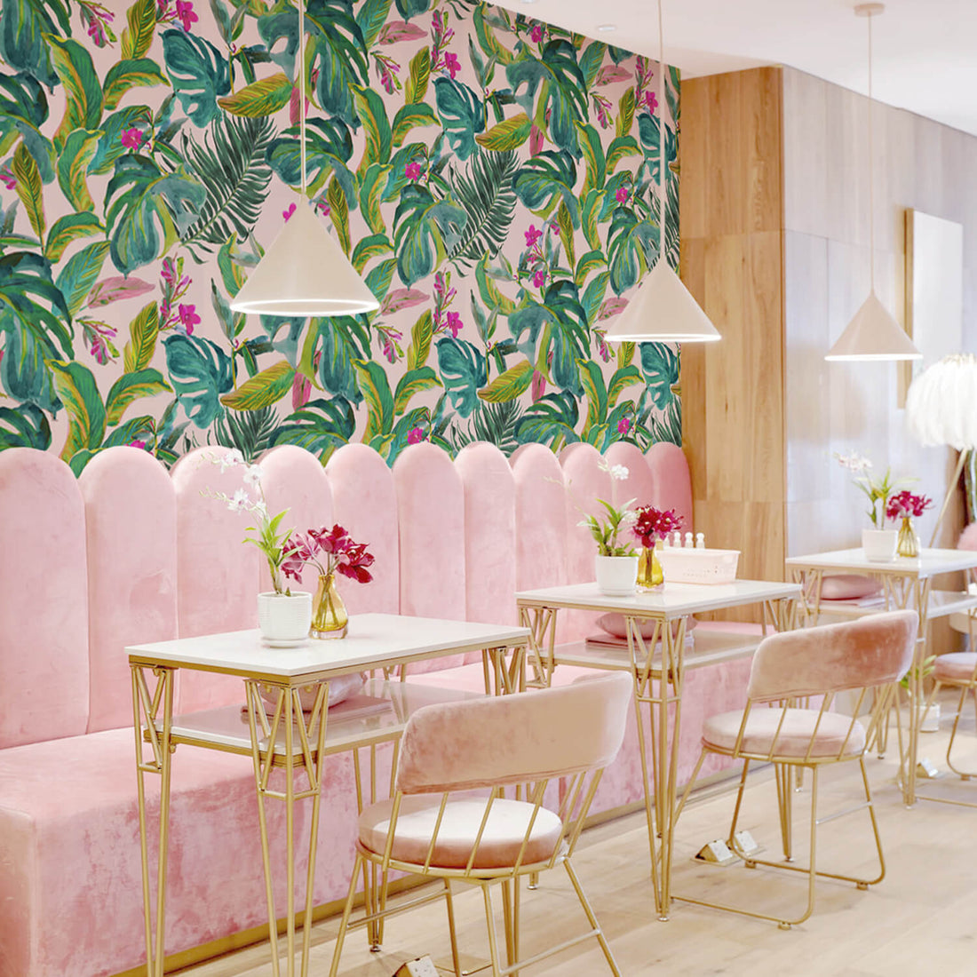 Bright pink tropical removable wallpaper in Palm Springs style living room interior