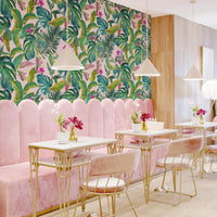 Bright pink tropical removable wallpaper in Palm Springs style living room interior