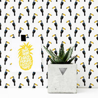 tropical bird print wallpaper for eclectic kids bedroom interior