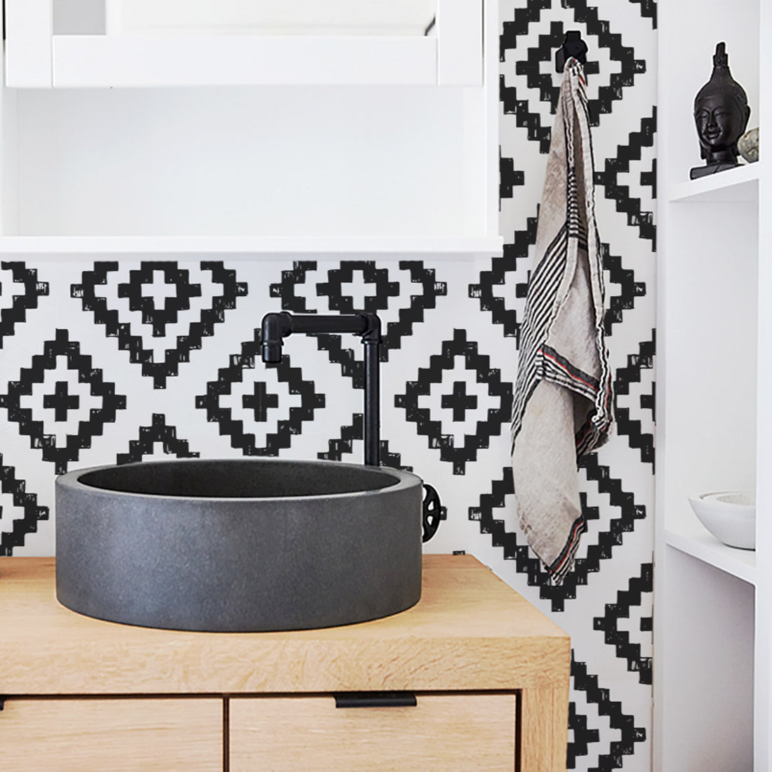 Black and white scandi boho self adhesive wallpaper