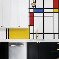 bright geometric shapes wall mural backdrop for eclectic kitchen interior