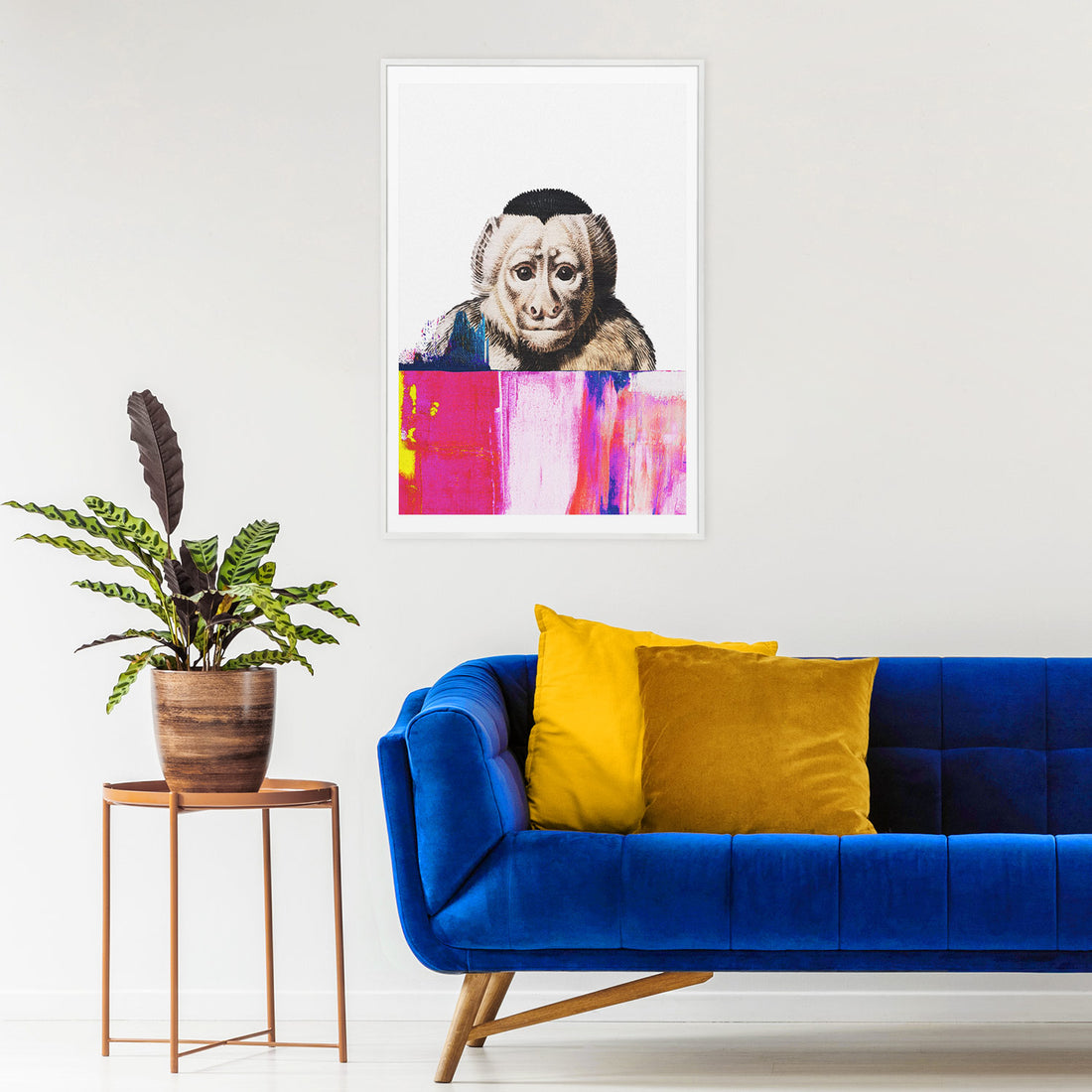 Eclectic interior decor with monkey art poster