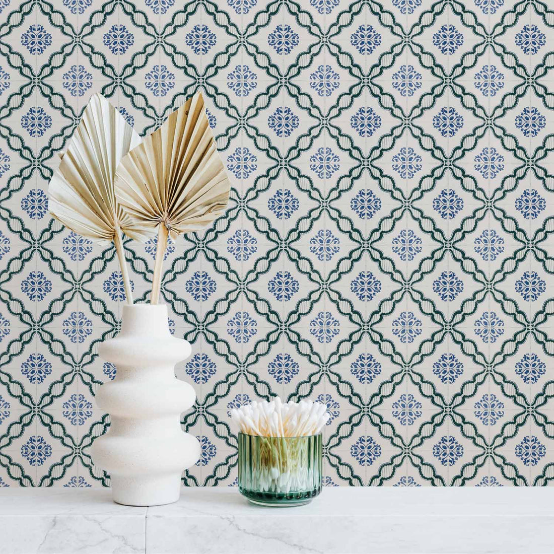moroccan design blue and green tile wallpaper for bathroom interior