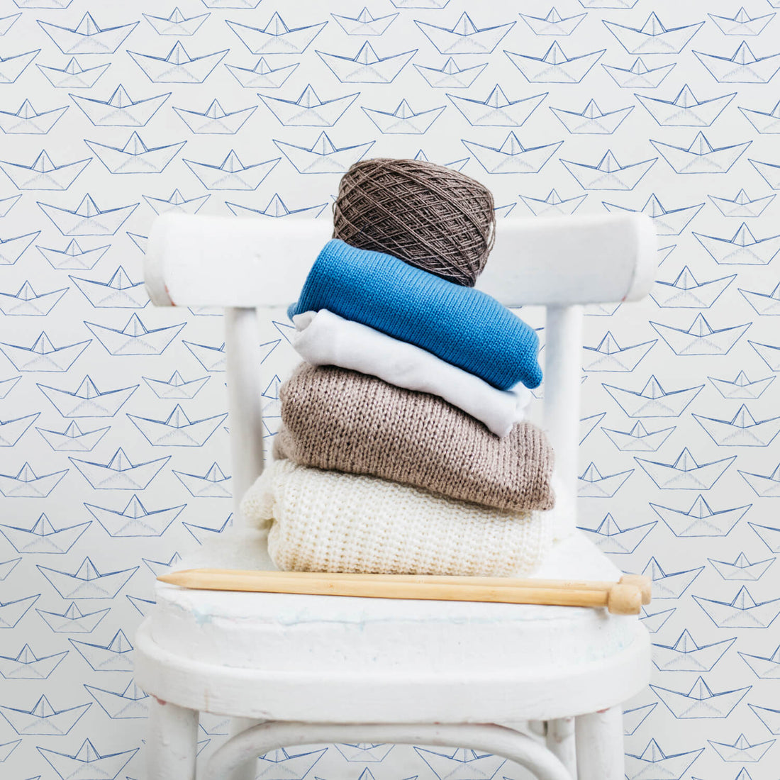nautical theme kids room wallpaper with paper boats pattern
