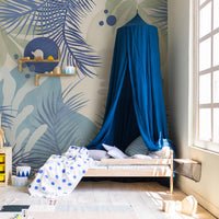 Abstract ocean theme wall mural in kids room interior with blue and light wood color palette