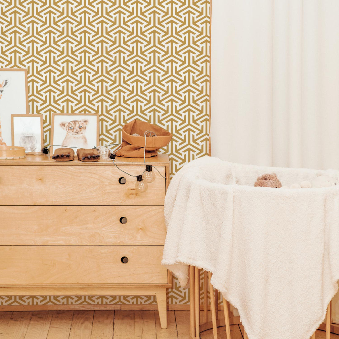 faux gold color retro print wallpaper design for colorful nursery