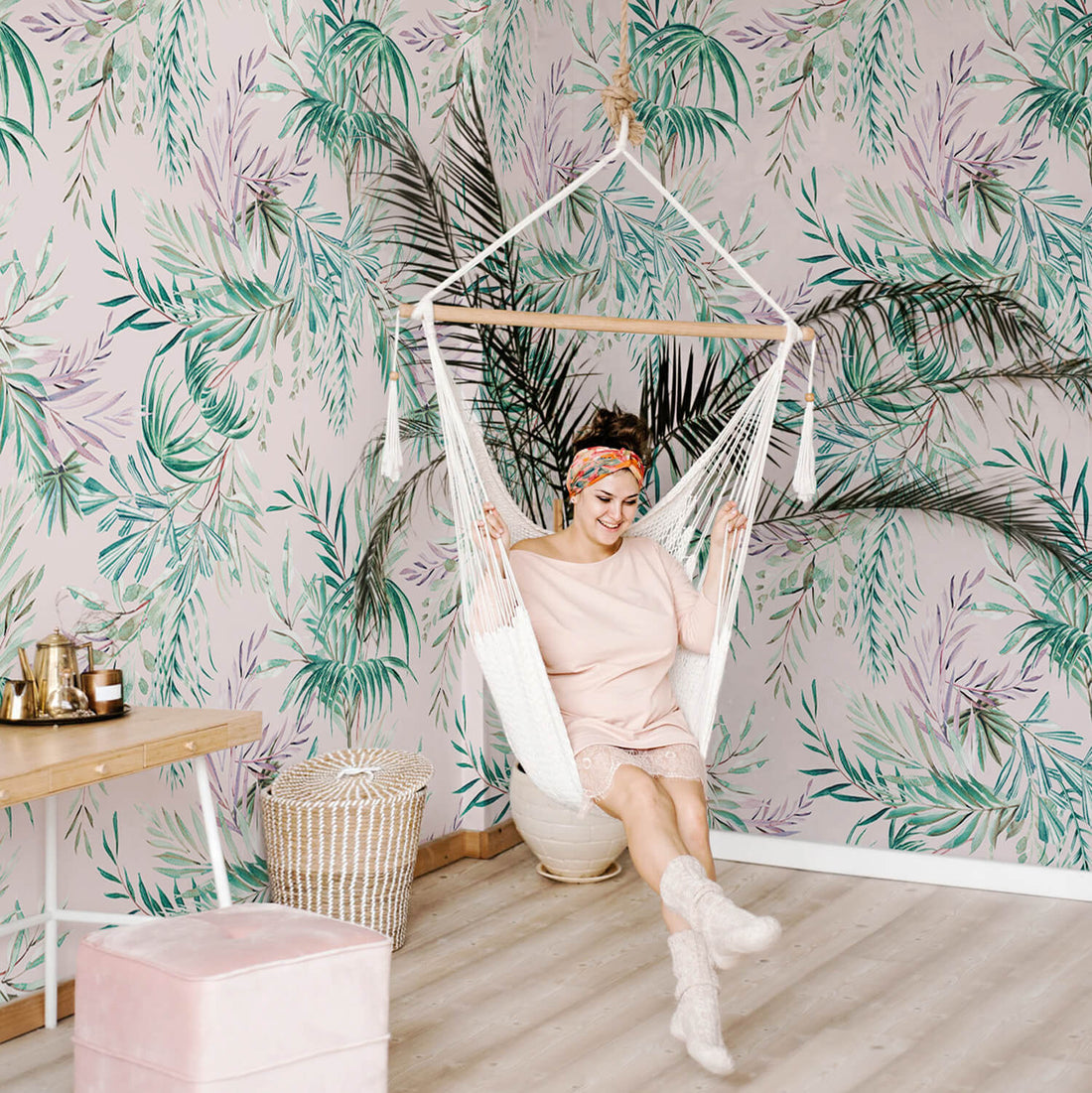 Modern tropical boho bedroom interior with blush pink removable wallpaper