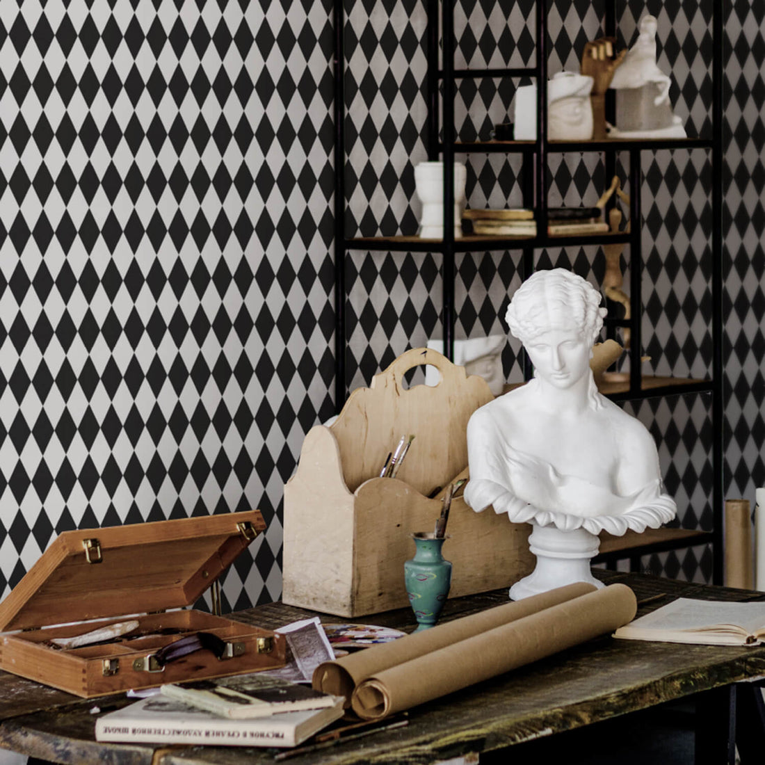 parisian chic apartment with classic harlequin wallpaper