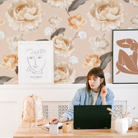 Neutral pink peonies removable wallpaper in boho design home office interior