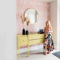 stripe wallpaper pink entryway interior