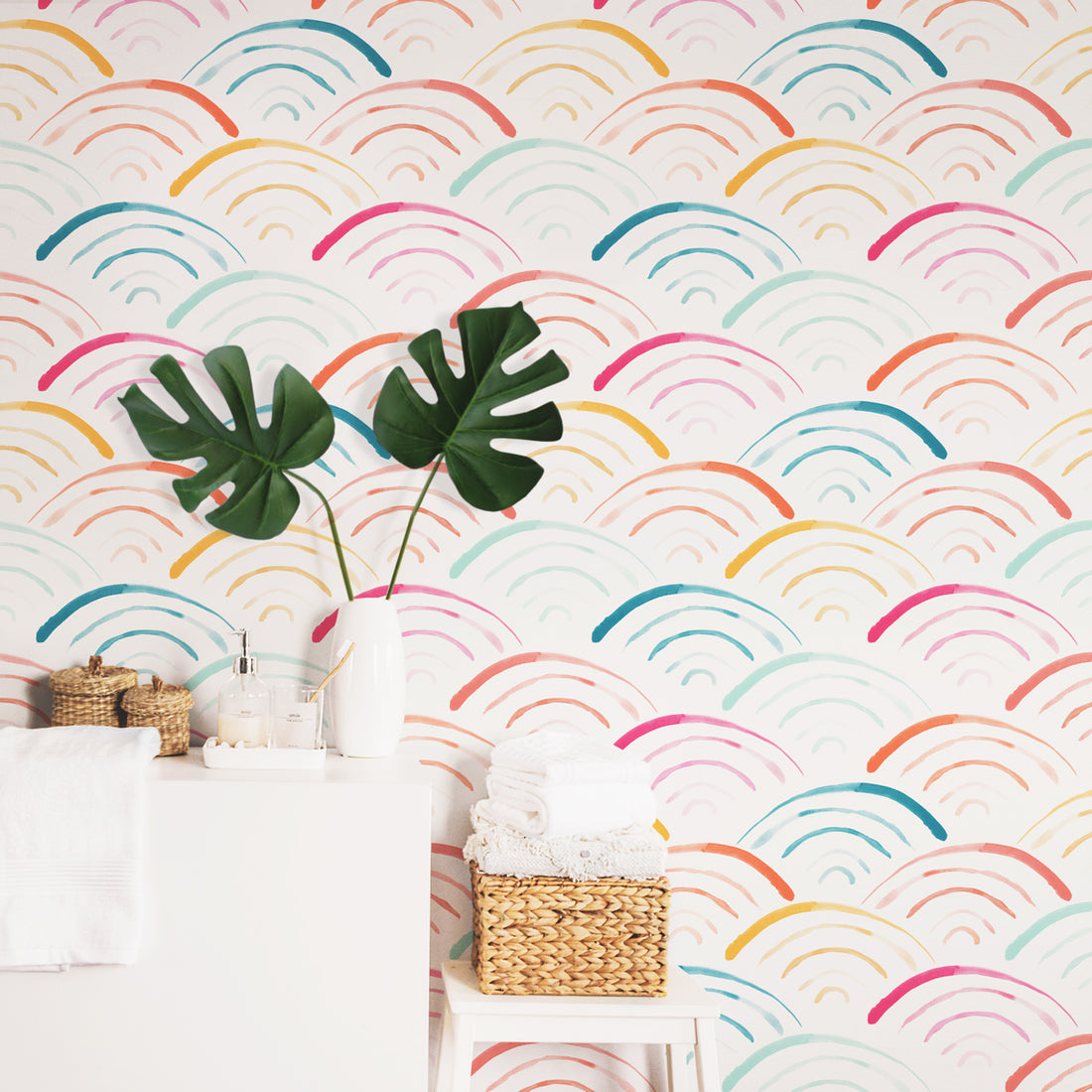 Rainbow scallop removable wallpaper in scandi boho powder room interior