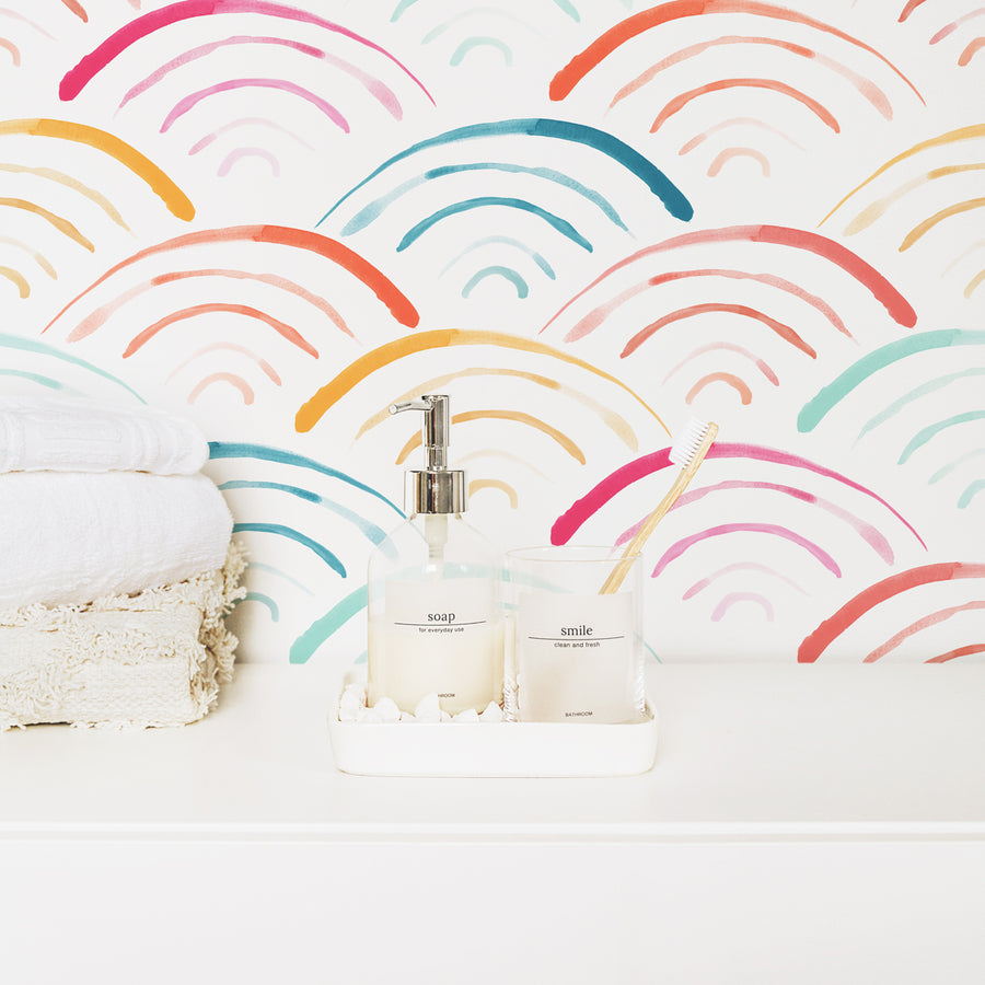 Rainbow removable wallpaper in white scandi boho bathroom interior