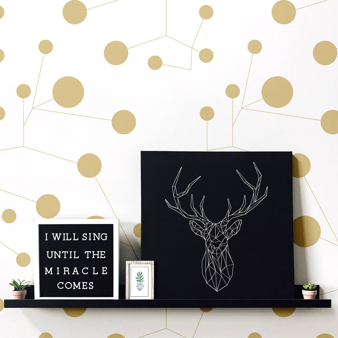 golden geometric shaped wallpaper design for teen bedroom interior