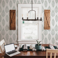 sage color botanical leaves removable wallpaper in farmhouse dining room interior