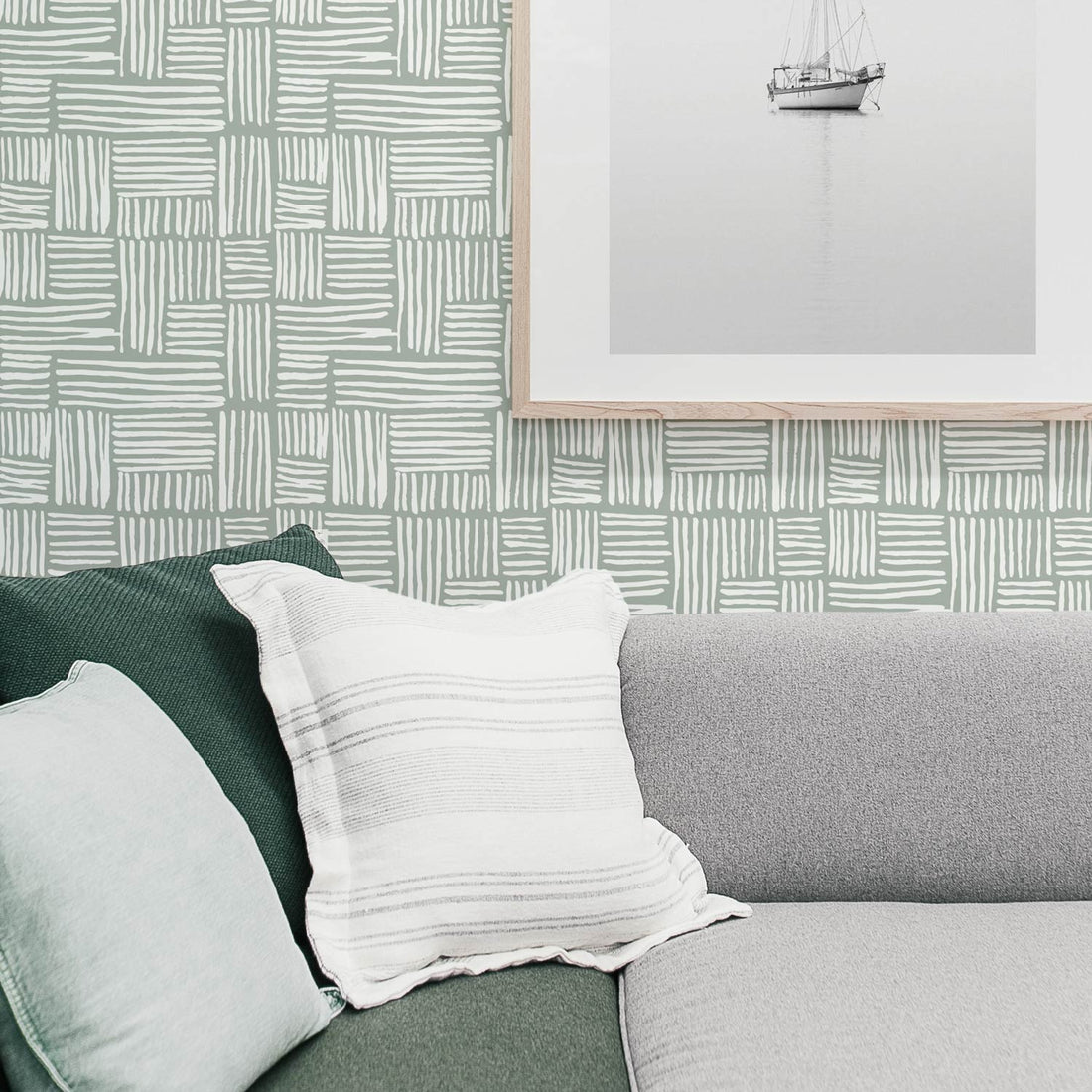 modern green pleated pattern wallpaper in cozy living room space