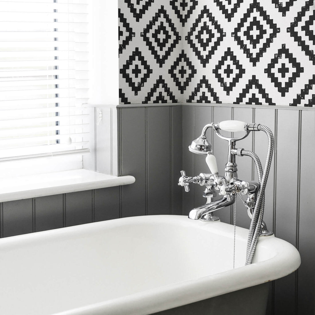 scandi boho ethnic print removable wallpaper for bathroom interior
