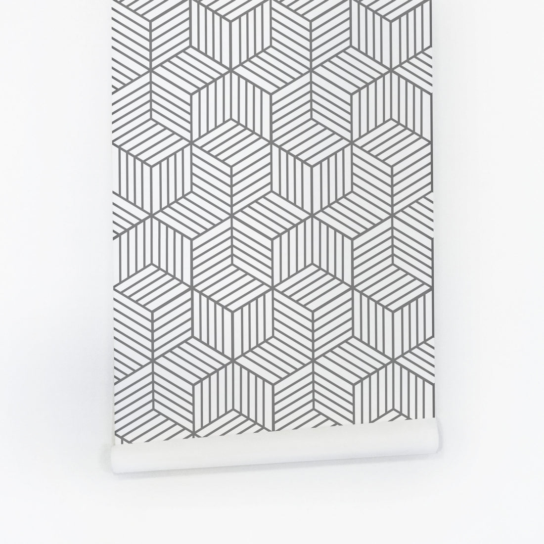 geometric cube pattern wallpaper for kids room in soft grey color