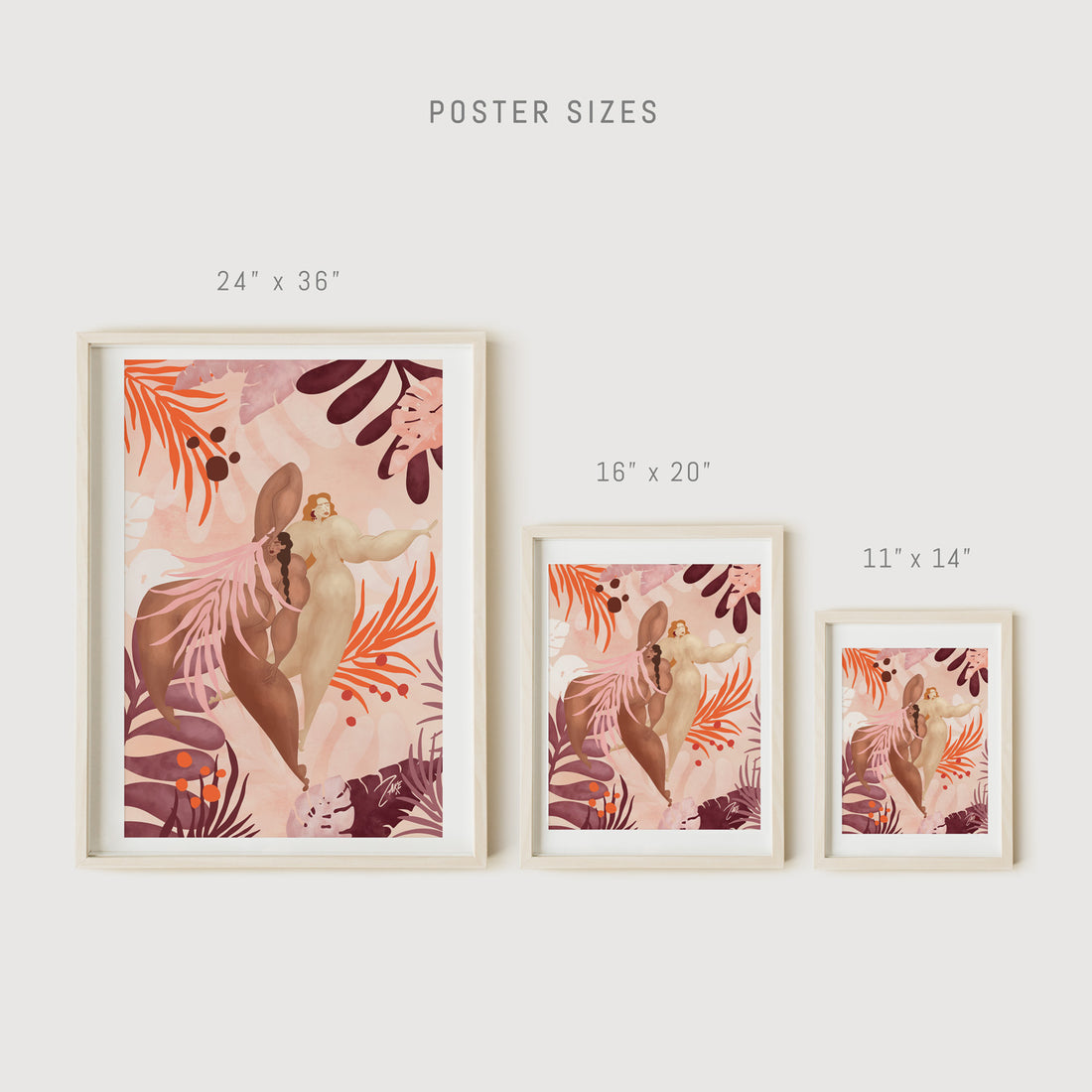 Pink wall art print with nude female figures