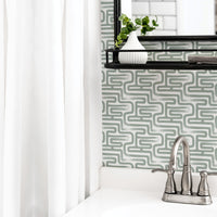 Sage green brush stroke design wallpaper in bathroom interior
