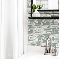 Sage green brush stroke design wallpaper in bathroom interior