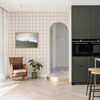 vintage chic kitchen interior with red plaid removable wallpaper