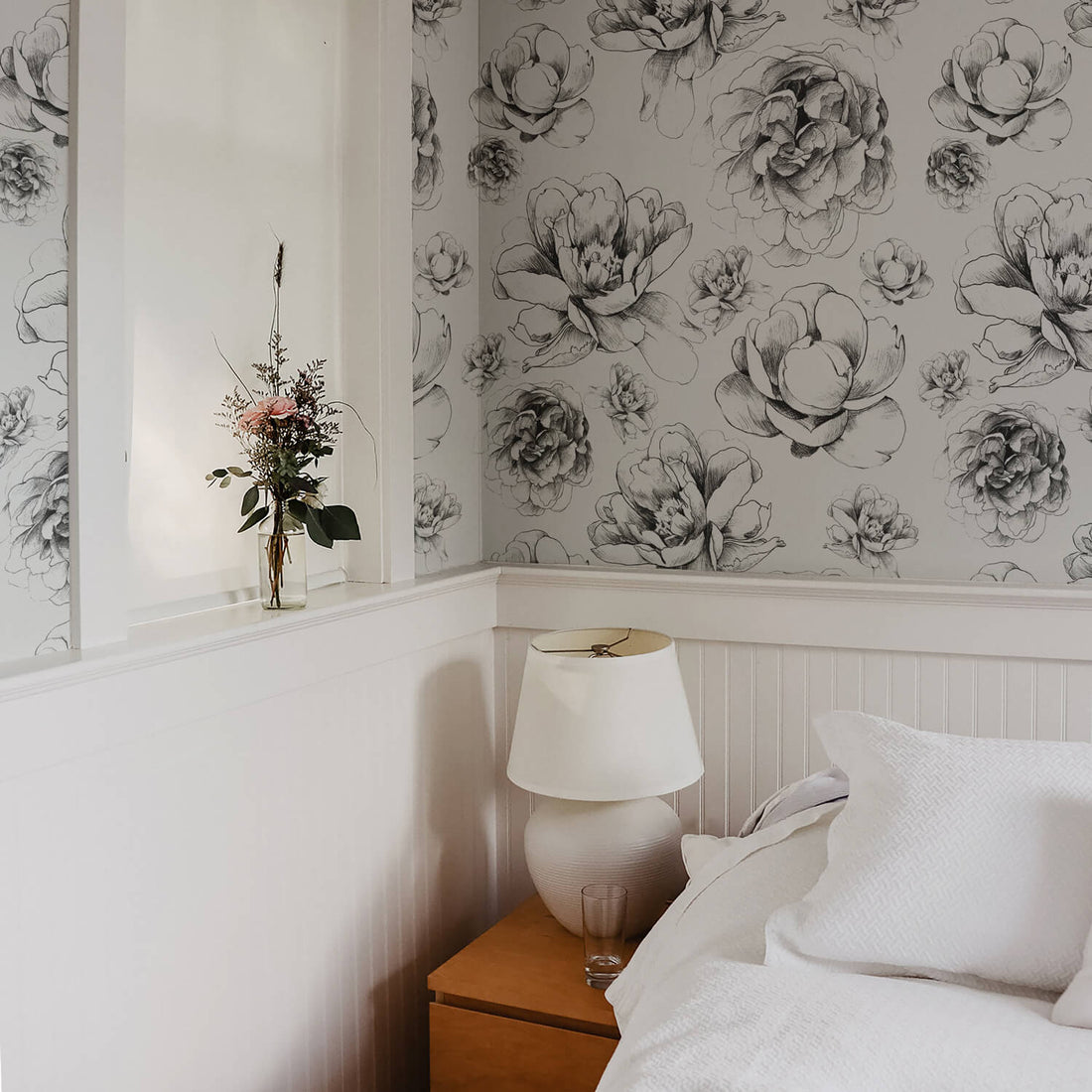 vintage farmhouse bedroom with peony wallpaper