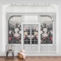 Vintage dutch floral wall mural in pastel pink living room interior