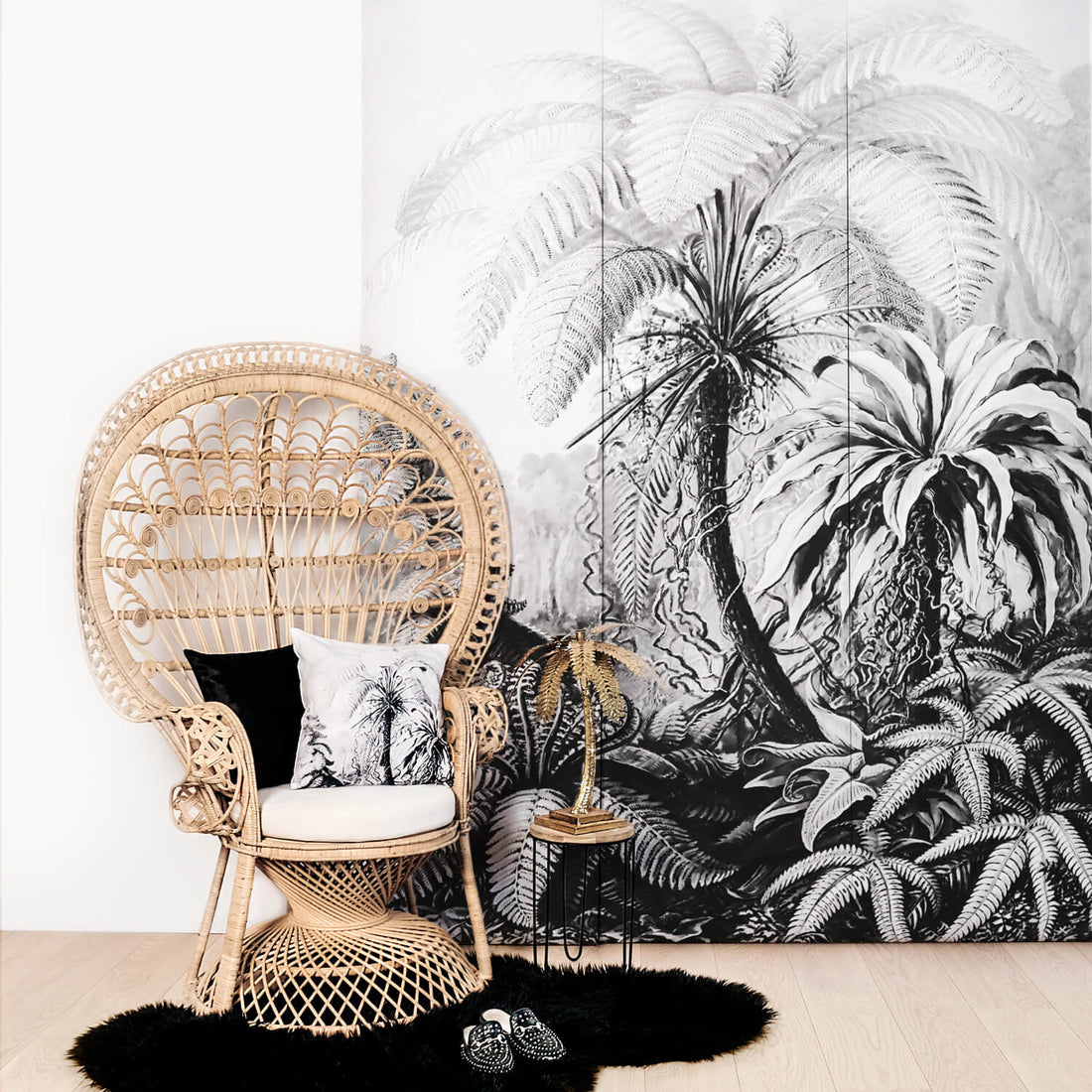Exotic jungle wall mural in boho living room interior with peacock chair and tropical cushions