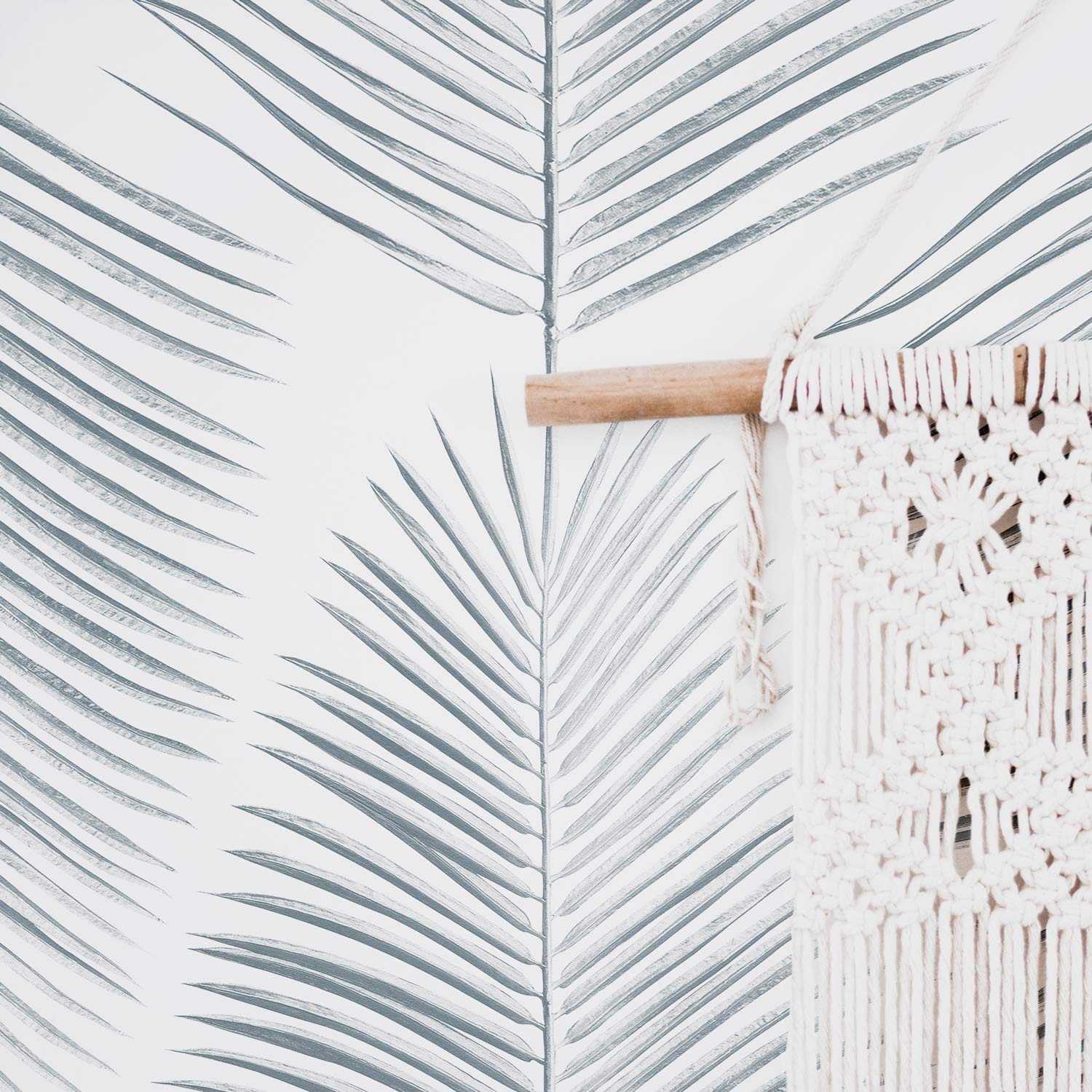 Blue palm leaves design removable wallpaper for coastal interiors