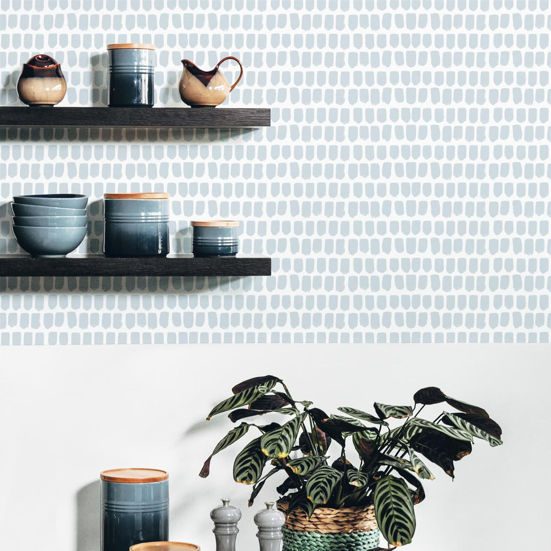 Colorful kitchen interior with light blue removable wallpaper
