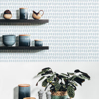 Colorful kitchen interior with light blue removable wallpaper